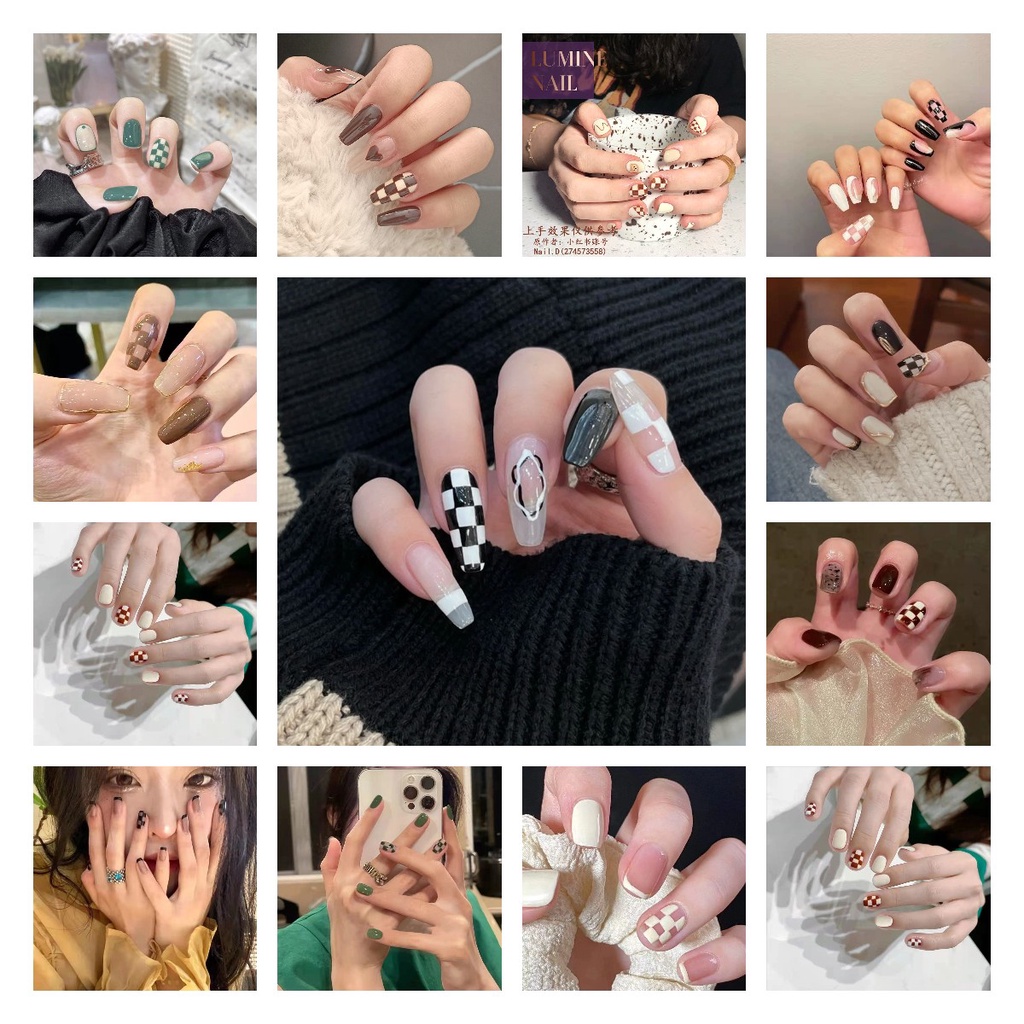 Lattice series เล็บปลอม 2024 เทรนด์แฟชั่น 24 ชิ้น/กล่อง DIY เล็บปลอมพร้อมกาว