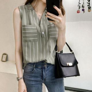 เสื้อลำลองสำหรับสตรีผ้าชีฟองแขนกุดคอวีพิมพ์ลาย