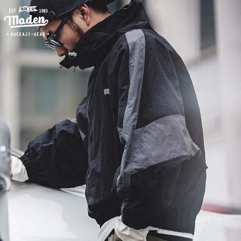 Retro Tooling ผู้ชายหลวมที่ถอดออกได้ซิปคู่แจ็คเก็ตฤดูใบไม้ผลิและฤดูใบไม้ร่วงสั้น Colorblock Letter Jacke — صورة 2