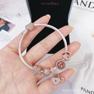 Pandora สร้อยข้อมือเงินแท้ 925 100% ลายหัวใจ สีชมพู พร้อมกล่อง แฟชั่น 20210215631