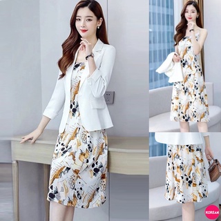 🎀Korean Fashion🎀ชุดเดรสยาวสายเดี่ยวลวดลายกราฟฟิกสีผสม (ไม่มีเสื้อคลุม)