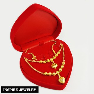 Inspire Jewelry , ชุดเซ็ท สร้อยคอ และสร้อยข้อมือ ลายลูกเต๋าไข่ปลาห้อยหัวใจตอกลาย หุ้มทองแท้ 24K