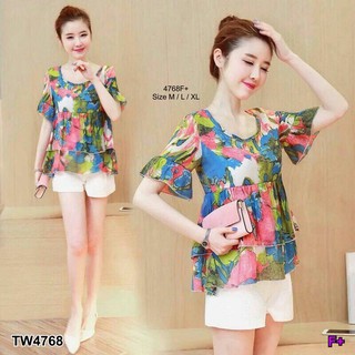 (4768) Set 2 ชิ้น เสื้อลายดอกแขนระบายปลายแขน