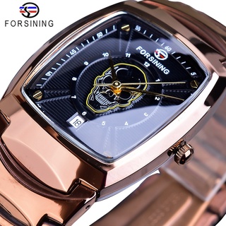 Forsining Creative Rose Gold Skull Quartz Watch Black Men Date Stainless Steel Clock Rectangle Dial Wristwatch Relogio M