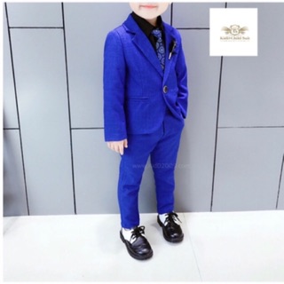 Bright Blue boy Suit สูท เด็ก สีนำ้เงินสด ลายตาราง เซท 2 ชิ้น เสื้อสูท+กางเกงเดฟ 1-9 ปี ขนาด 90, 120, 130