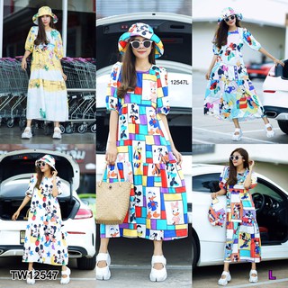 AT12547 เดรสยาวแขนตุ๊กตาลายการ์ตูน+หมวก