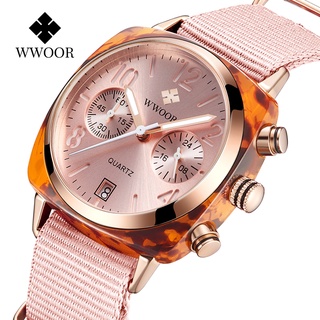 WWOOR นาฬิกาผู้หญิงแฟชั่น นาฬิกากันน้ำ สวยงาม casual watch MOVT Japan นาฬิกาสายไนลอนสีแดง 8860