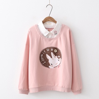 เสื้อสเวตเตอร์สําหรับสตรีแขนยาวมีฮู้ดพิมพ์ลายการ์ตูนกระต่าย Mori สไตล์ญี่ปุ่น