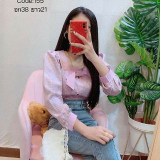 เสื้อลายสก็อตแขนยาวแต่งโบว์หน้า 🌻🌻