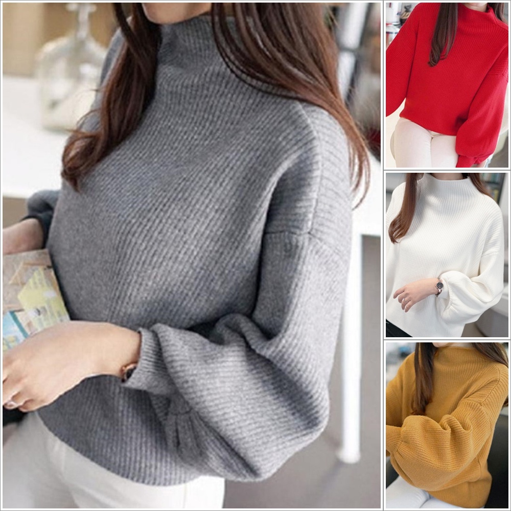 ราคาถูกที่สุด เสื้อแฟชั่นไหมพรมคอสูง แขนยาวจั๊มพองๆ สีพื้น 5 สี