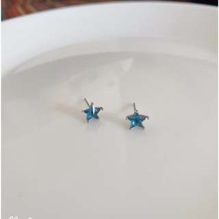 134-goodgift_station - Blue diamond star earrings S925 ต่างหูเงินแท้ แบบเจาะรูปดาวสีน้ำเงิน