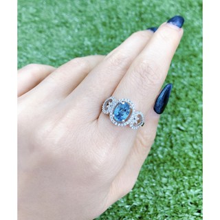 แหวนเงินแท้ พลอยแท้ Blue Zircon เพทายสีฟ้า ล้อม เพชร CZ