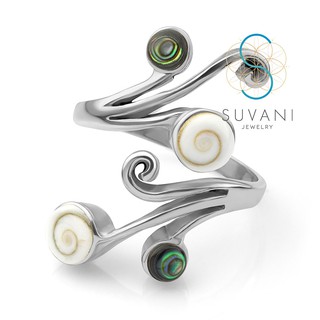 SUVANI แหวนเงินแท้ 92.5% ฝังด้วยเปลือกหอยเป๋าฮื้อและเปลือกหอย Shiva eye แหวนสามารถปรับขนาดได้