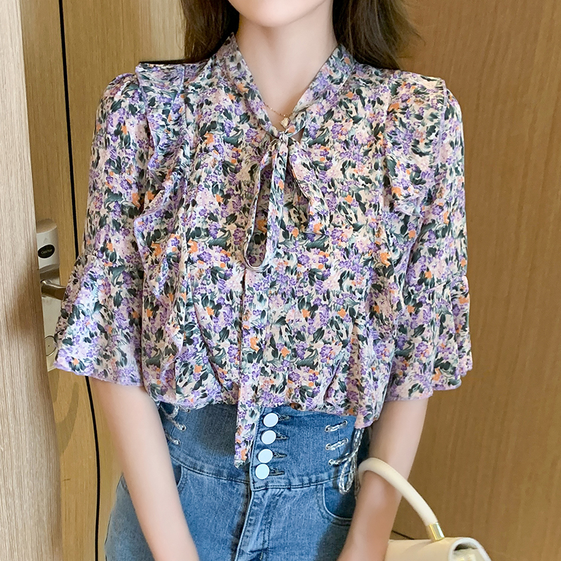 S-3XL ใหม่แฟชั่นเสื้อชีฟองเกาหลีผู้หญิงแขนสั้นพิมพ์ Flora Tops Office Lady Casual Blusa สาวเสื้อผ้า
