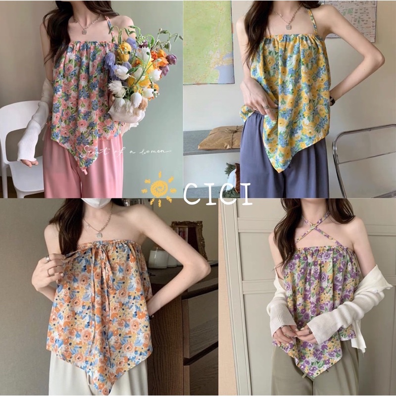 ส่งทันที Cici(NO. 11055)เสื้อเกาะอกผูกคอลายดอก เนื้อผ้าชีฟองใส่สบาย แต่งลายดอก สไตล์สาวเที่ยวคาเฟ่ มุ้งมิ้ง