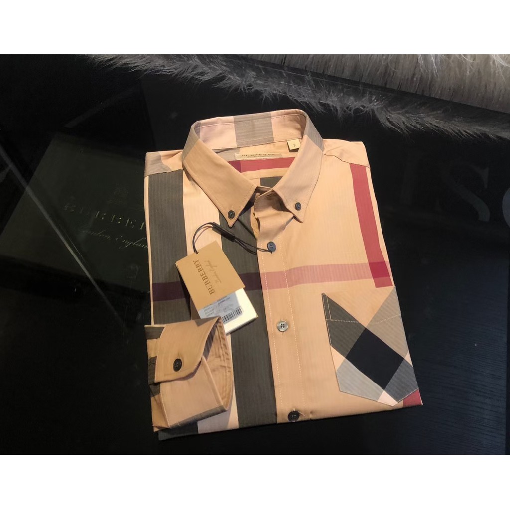 High Quality British Men's Brand burberry Long Sleeve Checkered Business Dress Shirts Cotton Office Plaid Men T-shirts R #4