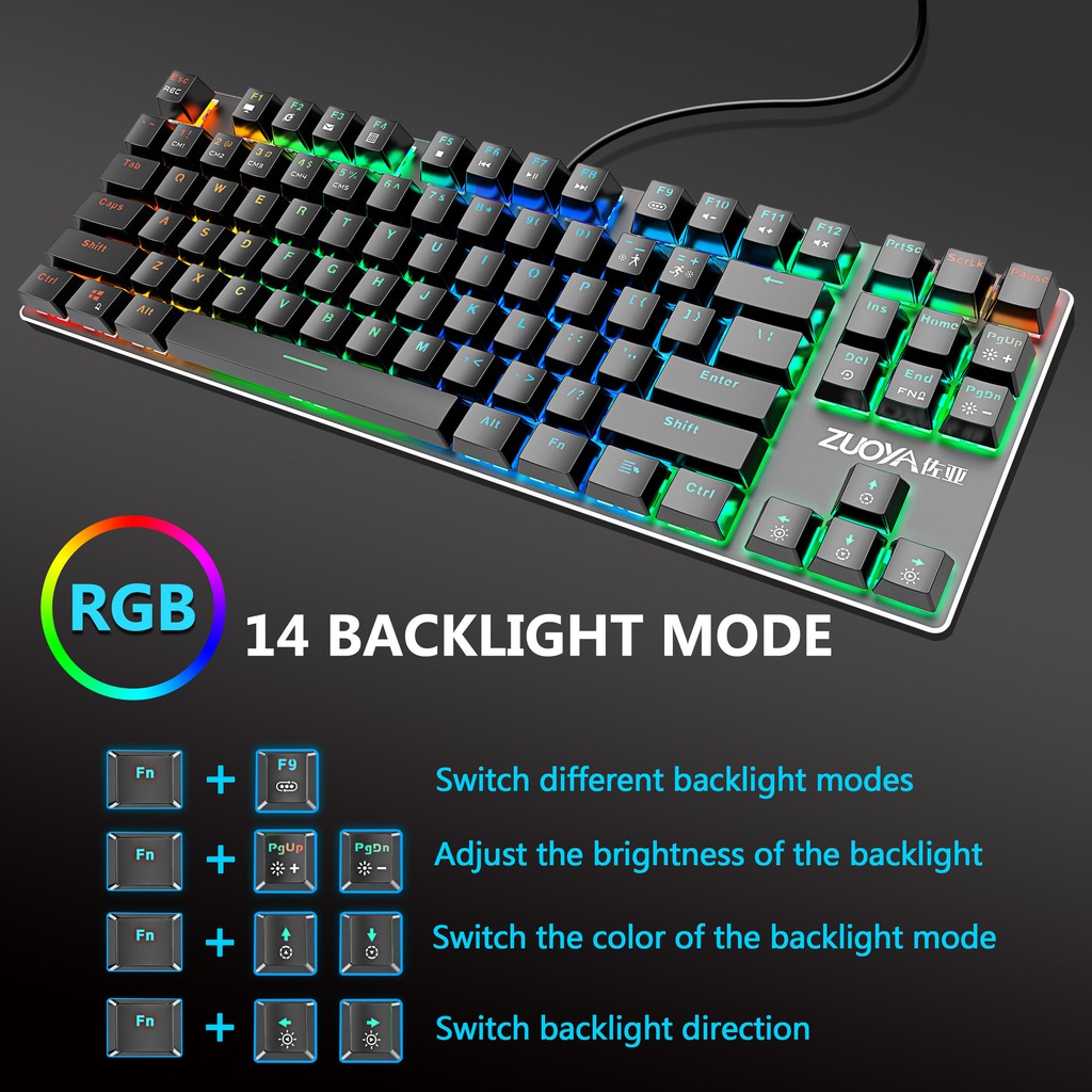 ZUOYA Mechanical Gaming Keyboard RGB 87 Keys Anti-ghosting LED Backlit ...