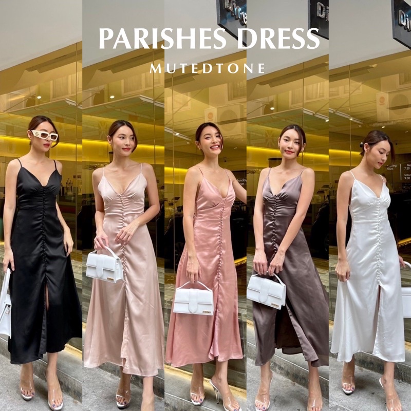 Mute - Parishes maxidress เดรสสายเดี่ยว ทรงยาวดีเทลกระดุมเรียงด้านหน้าผ้าซิลค์ซาติน ชุดไปทะเล เดรสยาวออกงาน