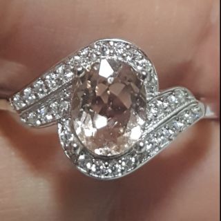 แหวนมอแกไนท์แท้ เพชรCz เงินแท้925 14KWGF (Natural morganite ring) Size 8