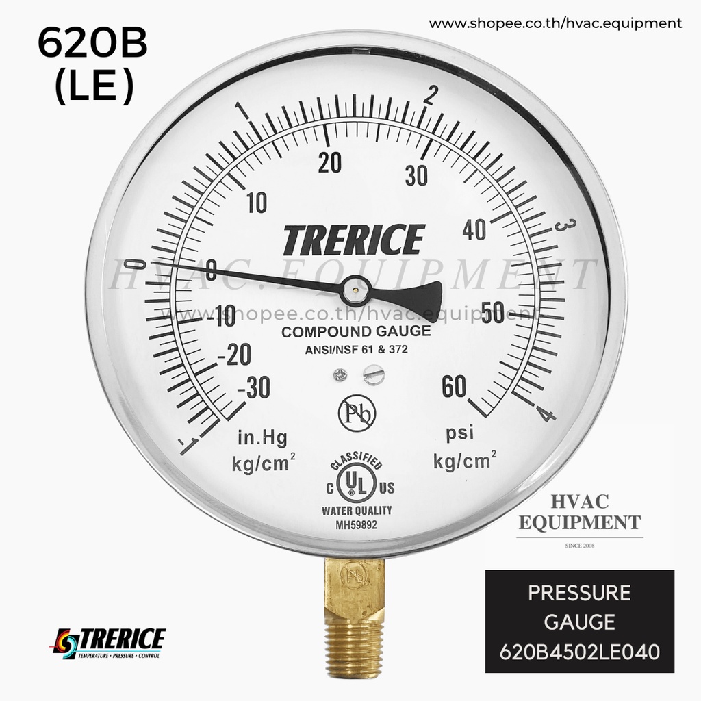 Trerice-620B (LE) หน้าปัด 4.5 นิ้ว หน่วย psi คู่ kg/cm2 เกลียว 1/4"NPT เกจวัดแรงดัน Pressure Gauge ยี่ห้อ Trerice