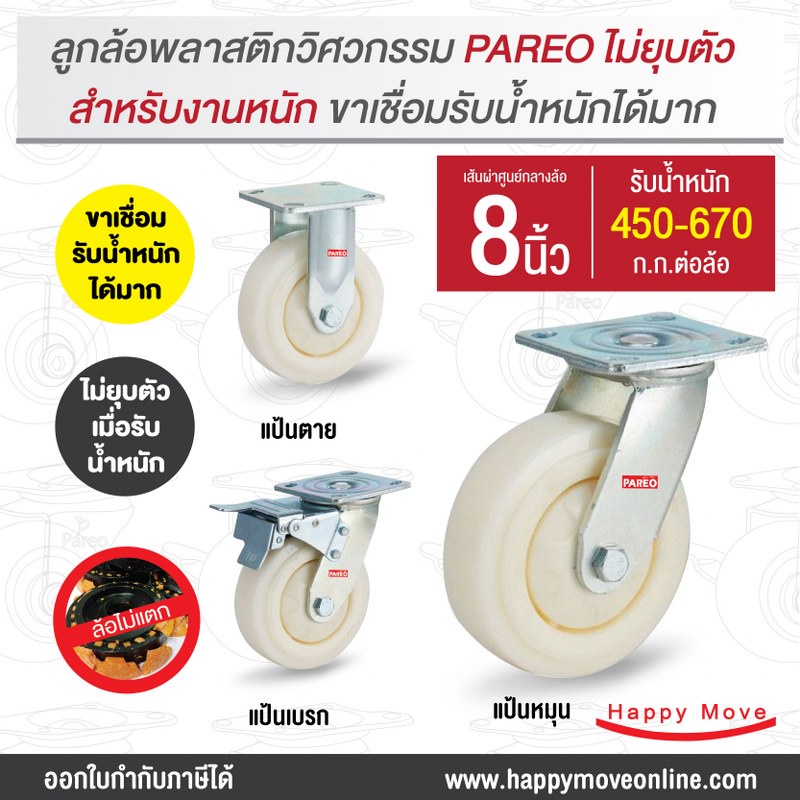 ลูกล้อพีพี ลูกล้อพลาสติกวิศวกรรม8นิ้ว(200มม.)  รับน้ำหนัก 450 กก. (หน้าโค้ง) รุ่น Max ยี่ห้อ PAREO