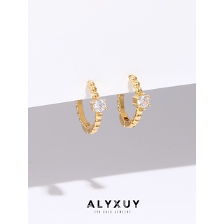 Alyxuy ต่างหูห่วงเหล็ก ชุบทอง 14k ประดับเพทาย แบบบาง สวยหรู (ขาย 1 คู่)