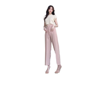 โปรโมชั่น : 022ชม-เบจส่งอังคาร16กางเกง7ส่วนทรงกระบอก Button-hooked pants กางเกงเอวสูงึ