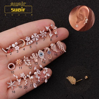 SUBEI 1PC Moon Star Flower Body Jewelry Hippocampus Cactus Wing Back Screw Stainless Steel Piercing Earrings