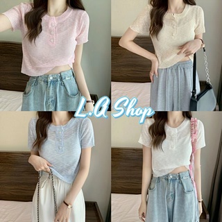 L.A Shop ​*​พร้อมส่ง  เสื้อไหมพรมคอกลม แขนสั้น กระดุมหน้าผ้าบางใส่สบายน่ารัก "95026"