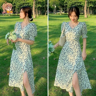 annacny ชุดเดรส 👗แขนตุ๊กตา คอวีลายดอกไม้ 🌼ผ่าหน้าสไตล์เกาหลี พร้อมส่ง D303