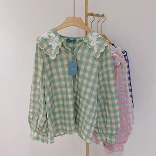 ✅พร้อมส่ง เสื้อเชิ้ตลายสก็อตมิสมันตรา เสื้องานป้าย miss manta เสื้อลายสก็อต เสื้อคอปกปักดอกไม้ เสื้อมิสมันตรา