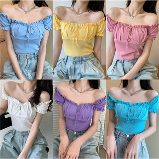 Cici(พร้อมส่ง)เสื้อครอปปาดไหล่แต่งเชือกรูดผูกหน้า สีพื้นน่ารักมาก(2769)