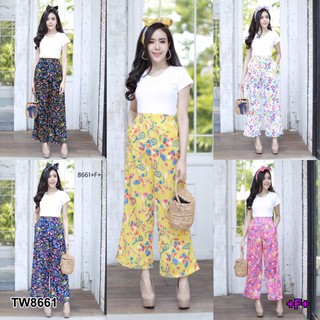 PE8661 Set 2 ชิ้น เสื้อยืดครอปตัวสั้น+กางเกงเอวสูงขายาวลายกราฟฟิก+สายโพกหัวผูกเป็นโบว์ (ฟรีไซร้) +++สอบถามสินค้าก่อนสั่ง