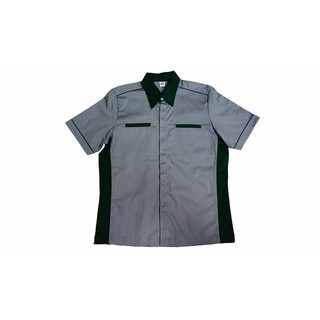 เสื้อช็อป สีเทาเข้ม ตัดต่อ เขียวขี้ม้า พร้อมส่ง