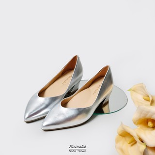 𝐌𝐈𝐍𝐈𝐌𝐀𝐋𝐈𝐒𝐓 รองเท้าส้นสูงหนังแกะแท้ รุ่น Sofia (silver) สูง 1.5 นิ้ว ส้นแบบ block-heel เดินได้มั่นคง ไม่ตกร่อง