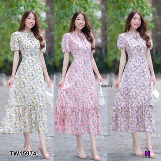 แม็กซี่เดรสแขนพองลายดอกไม้ คอผูกเชือก + สายผูกเอว TT15974 Floral puff sleeve maxi dress with lace-up neckline + waist ti