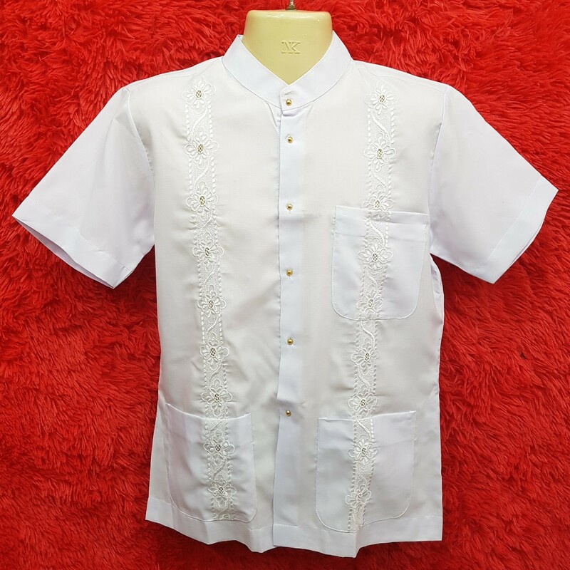 เสื้อกูรงชายแขนสั้นปักลาย คอจีน มีกระเป๋าอเนกประสงค์ 3 ใบ สุภาพเรียบร้อย รุ่น SHC41