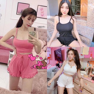 MF12621🍓 Set 2 ชิ้น เสื้อครอปสายเดี่ยว เสริมฟองน้ำ ผ้ายืดเรย่อนสีพื้น + กางเกงขาสั้นปลายขาระบาย เอวยืด ผ้าเดียวกับเสื