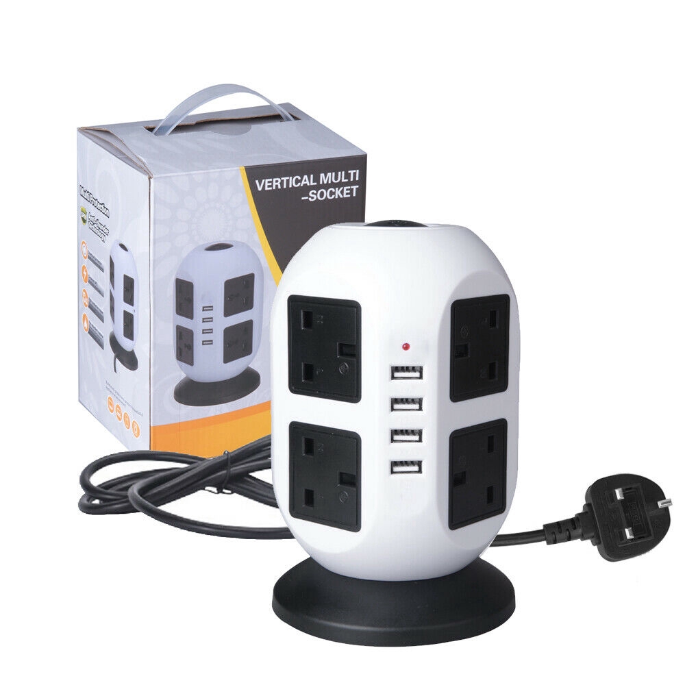 [new]8 Way Switched Surge Protected Tower Extension Lead UK Mains Plug