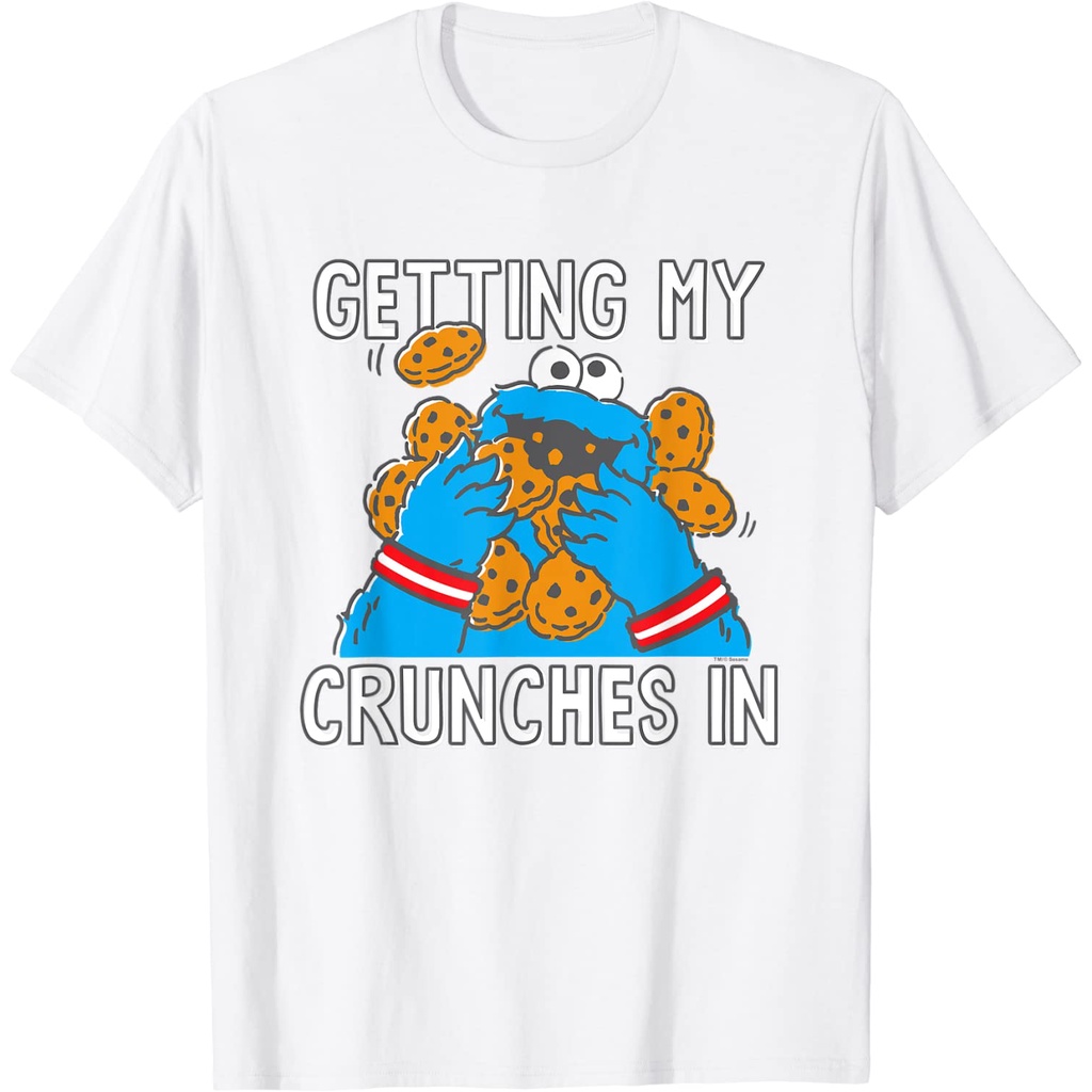 เสื้อยืดผ้าฝ้ายพรีเมี่ยม เสื้อยืด พิมพ์ลาย Sesame Street Cookie Monster My Crunches สําหรับผู้ใหญ่