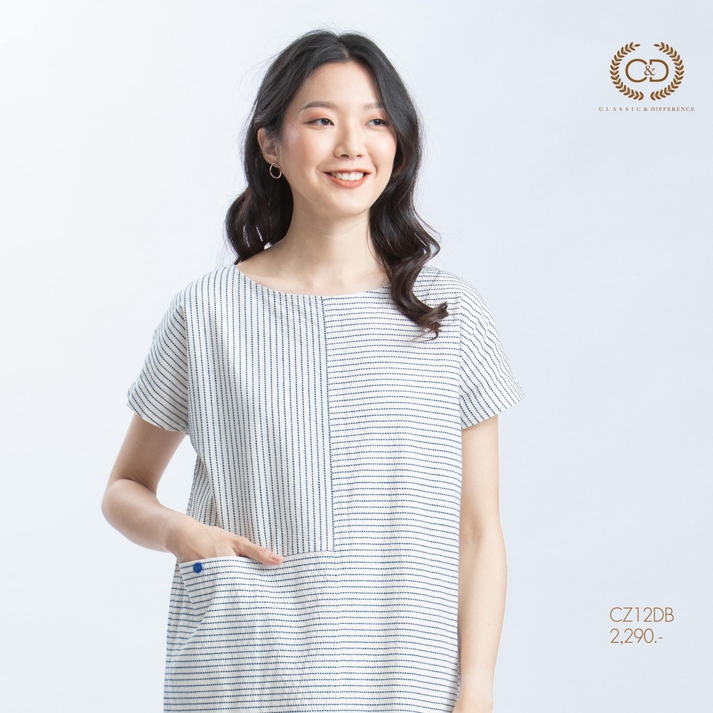 C&D woman's Dress Minimal Navy เดรส ลายปัก คอกลม แขนสั้น สีกรม CZ12DB — صورة 3