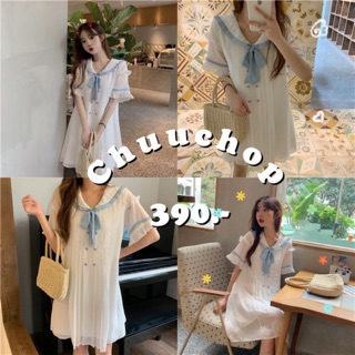 พร้อมส่งDolly blue dress ชุดเดรสสั้นคอปก ผูกโบว์สีฟ้ากล่งอก