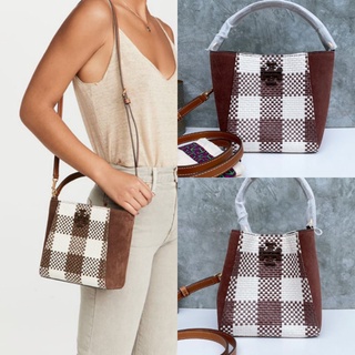 🎀 (สด-ผ่อน) กระเป๋าสีน้ำตาล งาน Shop 79346 TORYBURCH McGRAW WOVEN PLAID SMALL BUCKET BAG