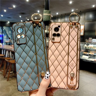 Rhombus เคส vivo V21 V23 V20pro Soft TPU Case With Waistband Stand Holder 3D ชุบ vivo x50 x60 x70 pro ป้องกันเลนส์ เคสโทรศัพท์