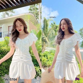 CS15704 ดรสสั้นแขนระบาย2ชั้นซิปหลัง ด้านหน้า รูดปรับเองได้เลย