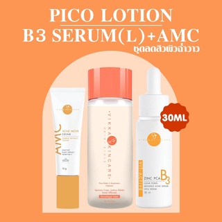 VIKKASKINCARE Pico Lotion 100ml + Vit Active B3 Zinc PCA 30ml + AMC แต้มสิว 10g เซตรักษาสิว น้ำตบเห็ด เซรั่มลดสิว