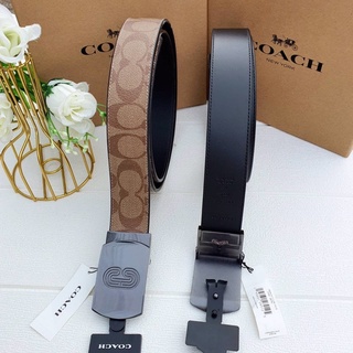 💥เข็มขัดชาย หัวทึบสีดำรมควัน 👦COACH Plaque Buckle Cut To Size Reversible Belt