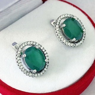 N6442 ต่างหูพลอยโมราแท้ ( Chrysoprase ) แบบอิงลิชล็อค ตัวเรือนเงินแท้ 925 ชุบทองคำขาว