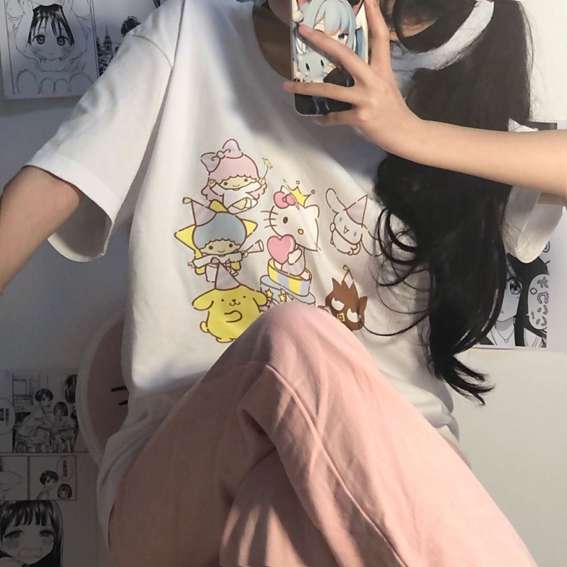 Korean Style Oversized Cute Cartoon Hello Kitty Printed Loose Short SleeveTT-shirt Women's #4