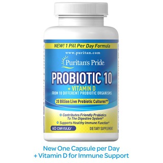 Puritans Pride Probiotic 10 - 20 billion + vitamin D 60 Capsules Exp.10/2024 (แพคเก็จใหม่)